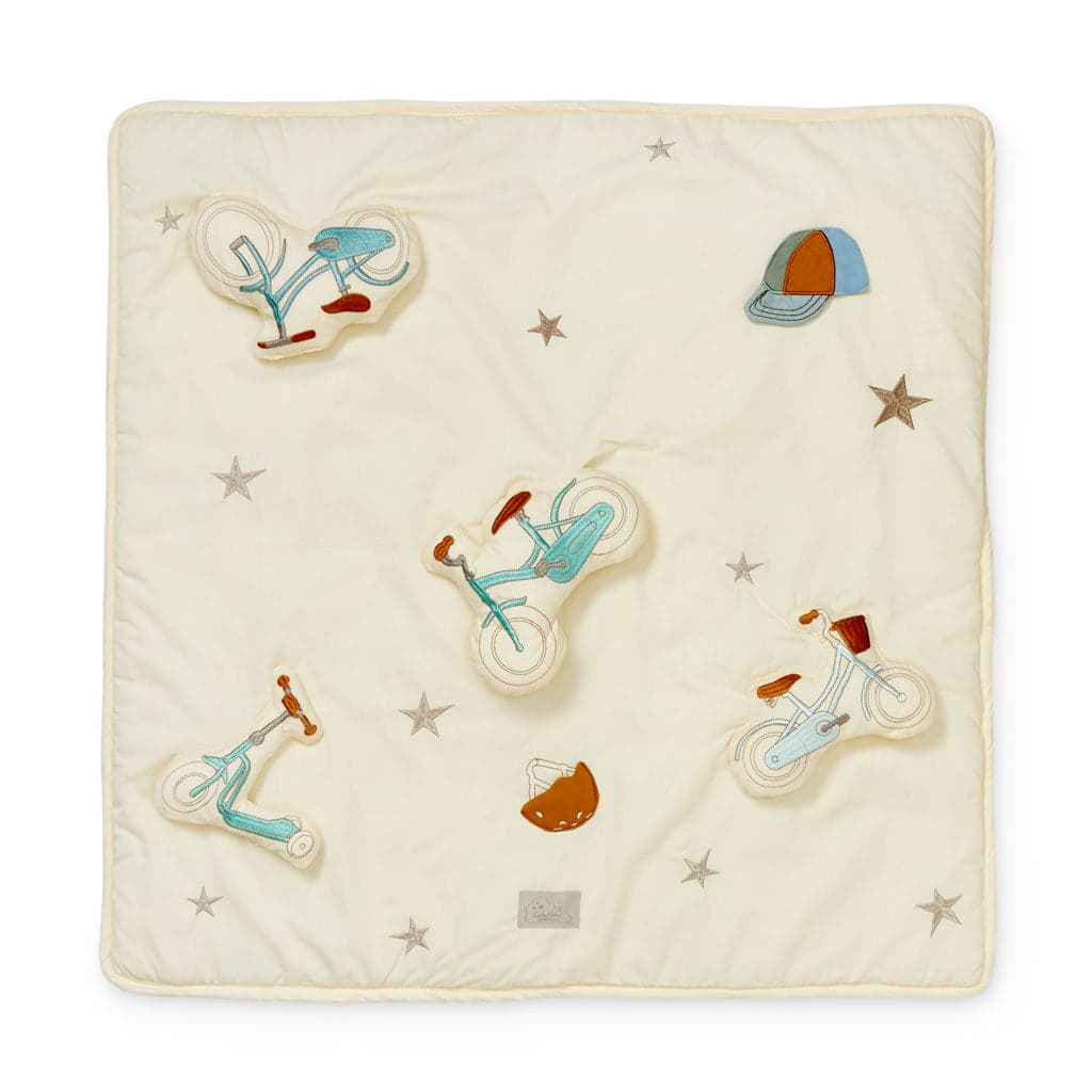 Cam Cam Copenhagen Classic Play Mat in camel stripes, featuring wave quilt pattern.
