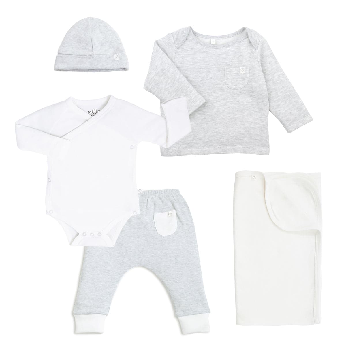 MORI Organic Baby Outfit and Swaddle Gift Set displayed elegantly.