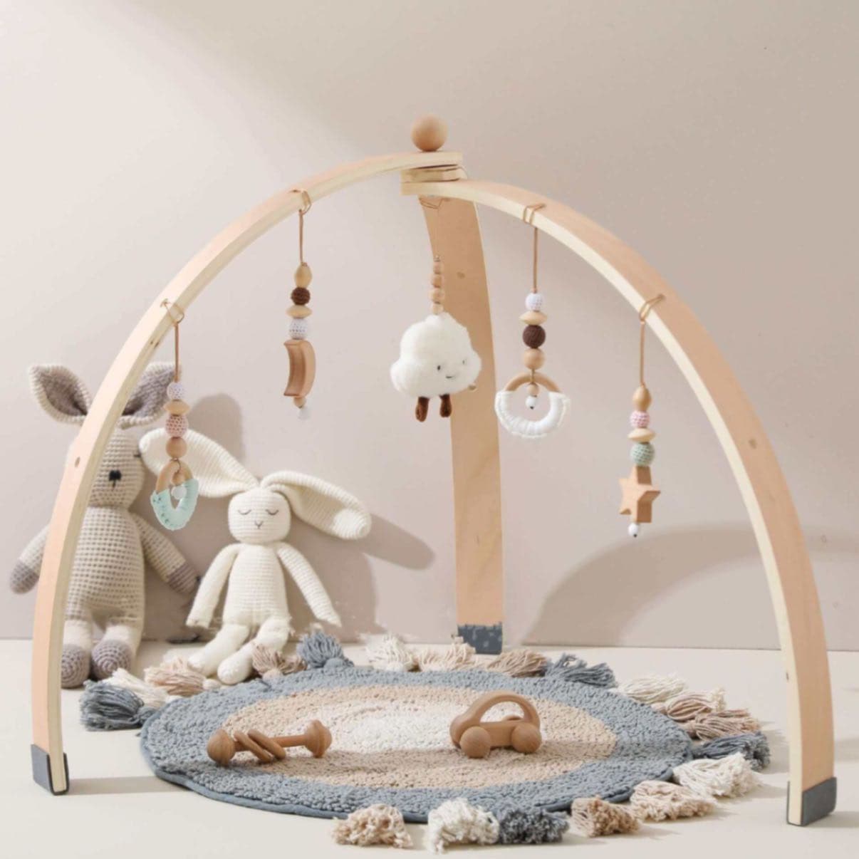 NordicGym Wooden Play Arch & Sensory Mobile made of organic beech wood.