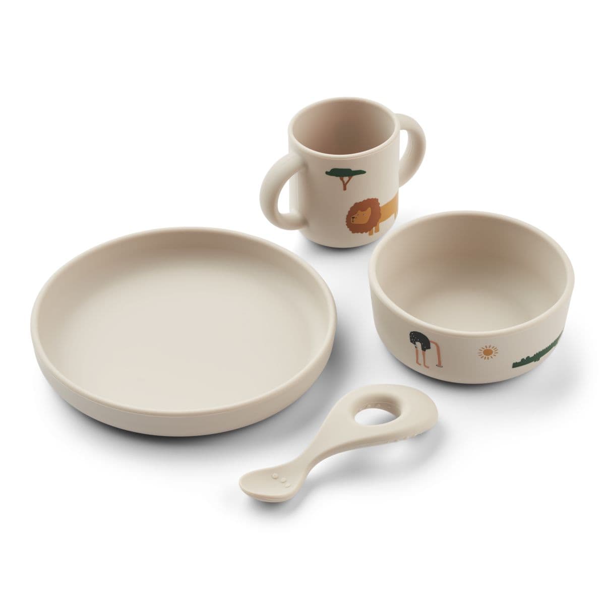 Vivi Silicone Tableware Set in Safari sandy mix with cute animal designs.