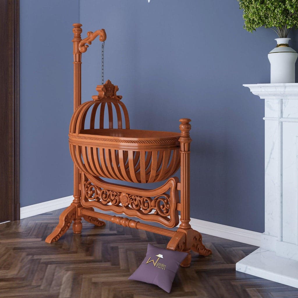 Royal Teak Wood Baby Cradle with Honey Finish from Shiraz Handicrafts.