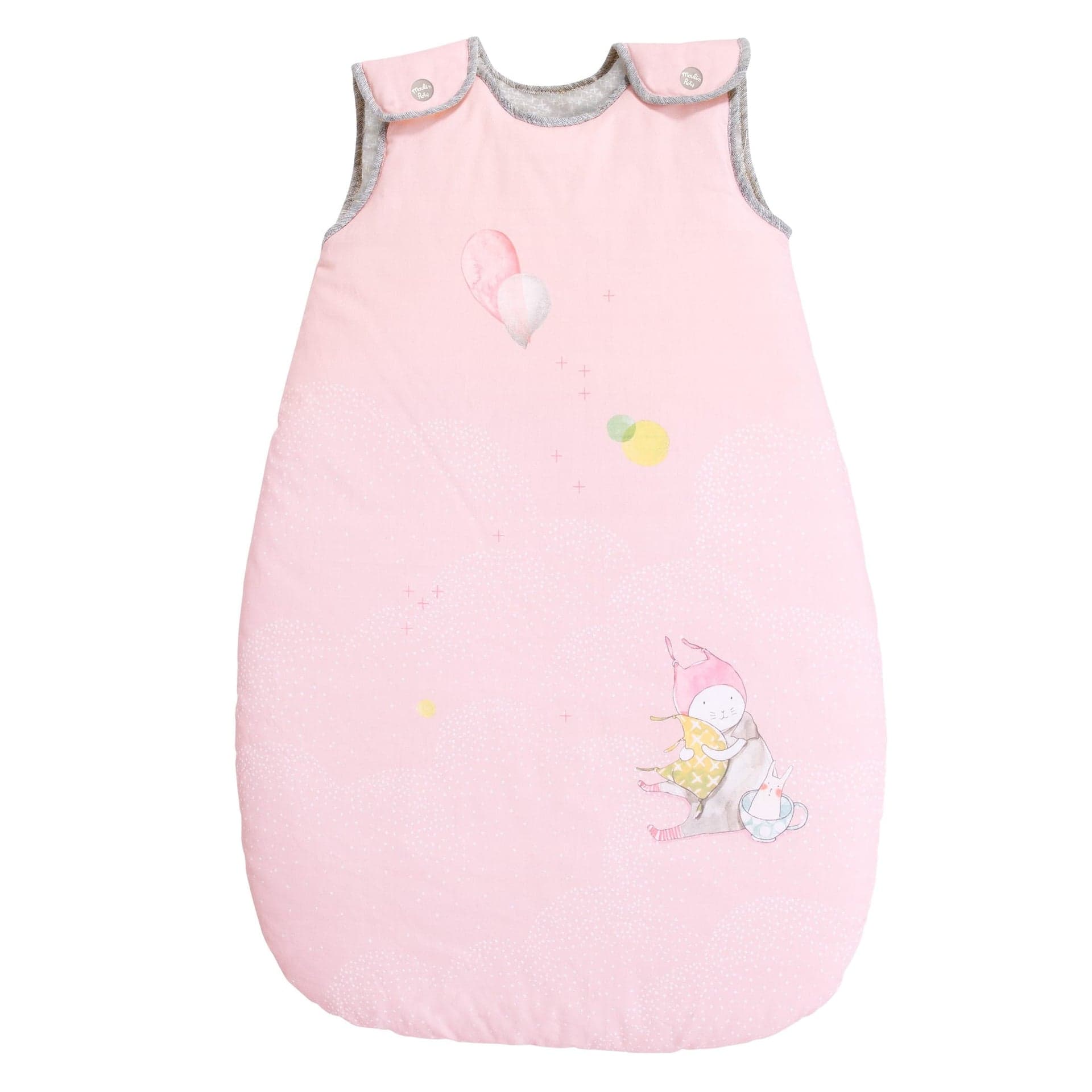 Moulin Roty Winter cotton sleeping bag in pink for infants.