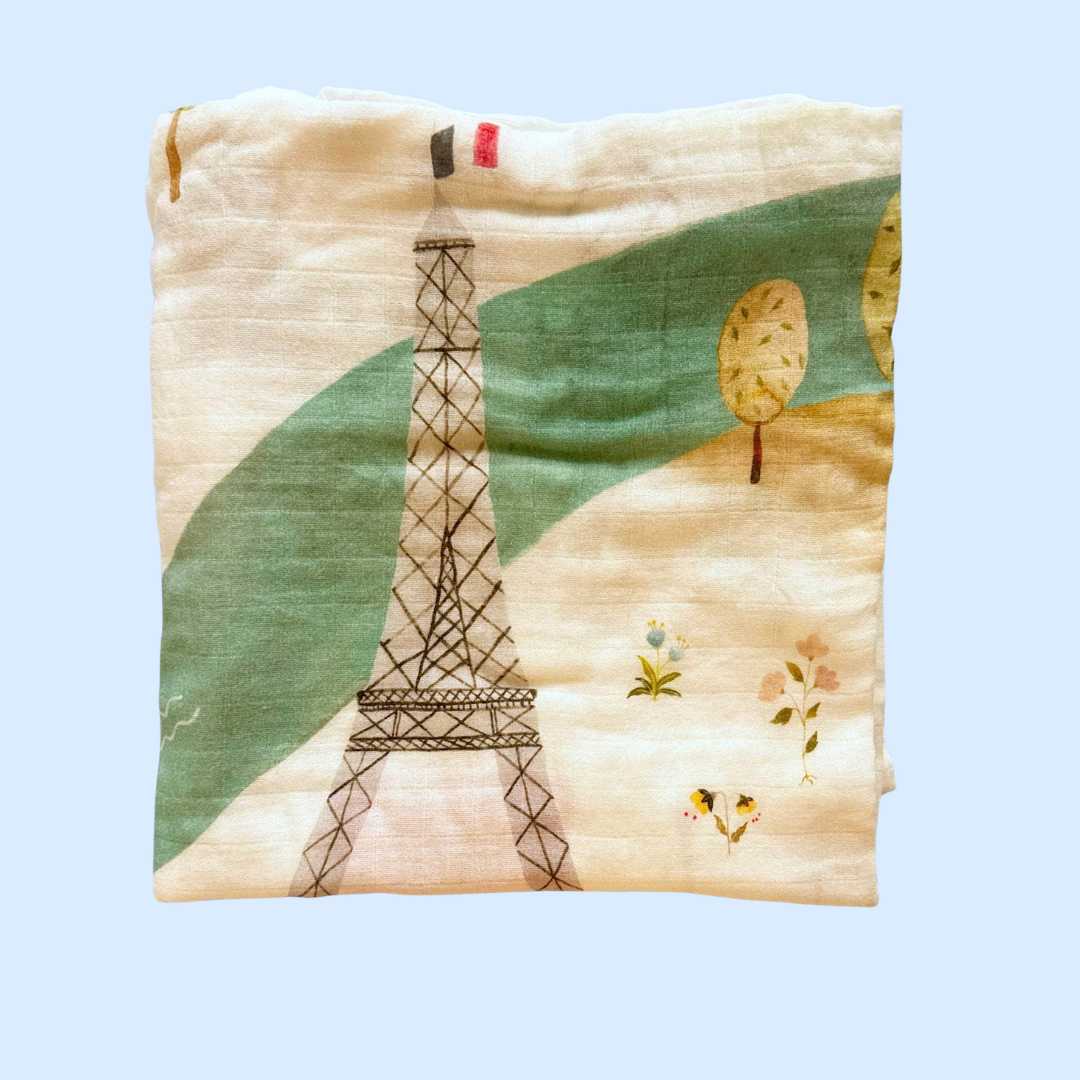 Estella Paris Print Swaddle in a soft organic cotton fabric.