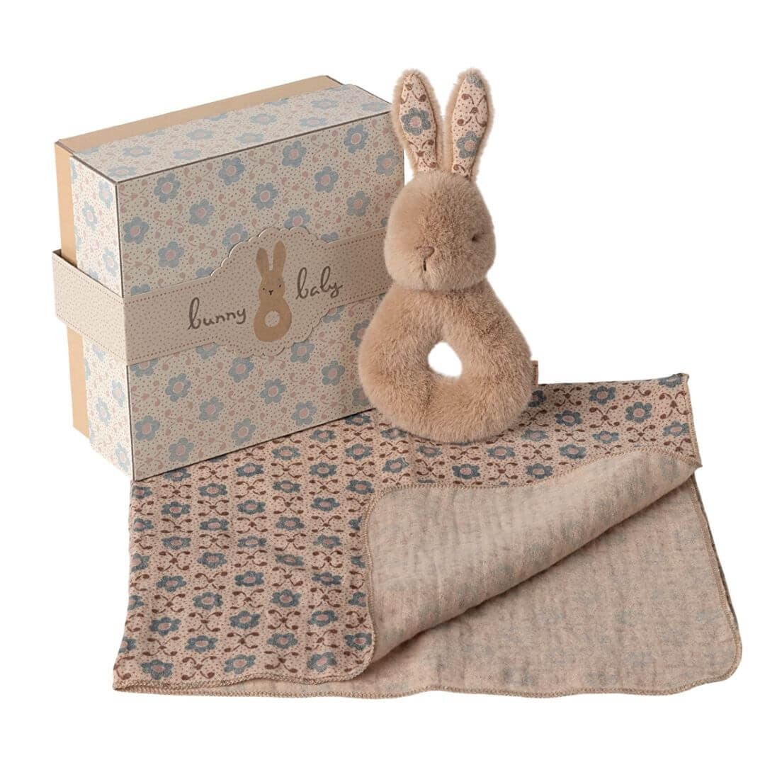 Rabbit Rattle Baby Gift Set in cream and peach colors.