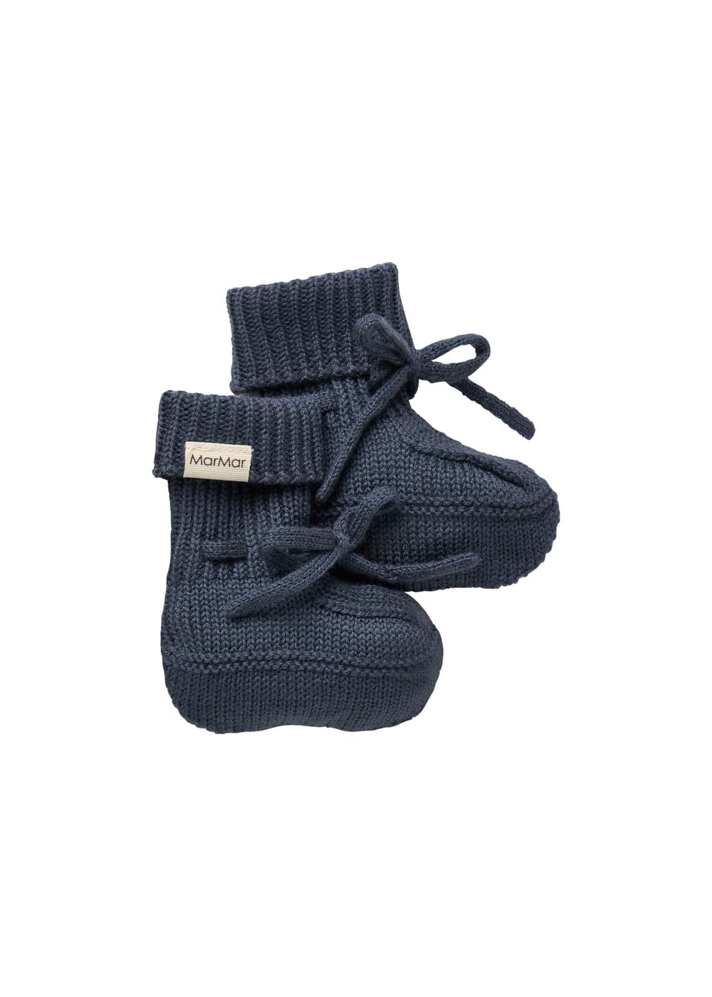 Blue knit wool baby booties with ties for infants.