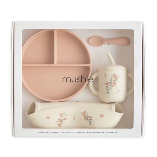 Mushie Silicone Feeding Toddler Set in Pink Flowers, perfect for toddlers.