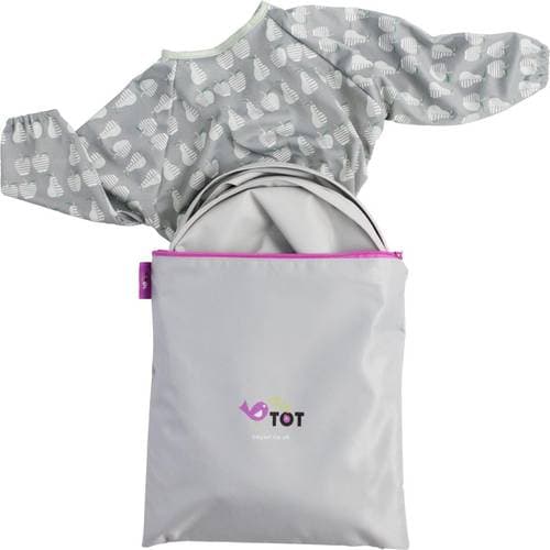 Tidy-Tot Bib & Tray Kit in Dove Grey on a clean kitchen table.