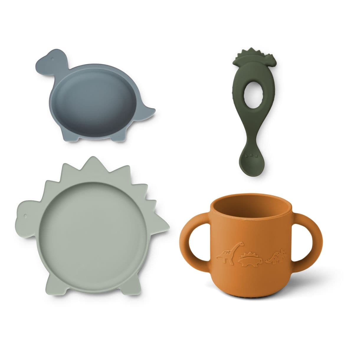 Liewood Vivi Silicone Tableware set in Dino Blue Multi Mix for babies.