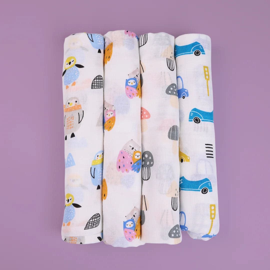 Soft muslin swaddle with playful parade design for babies.
