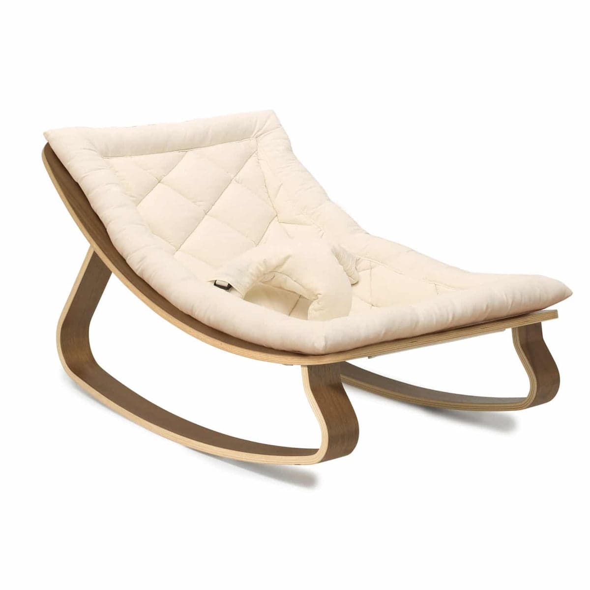 LEVO Baby Rocker in walnut and organic milk fabric.