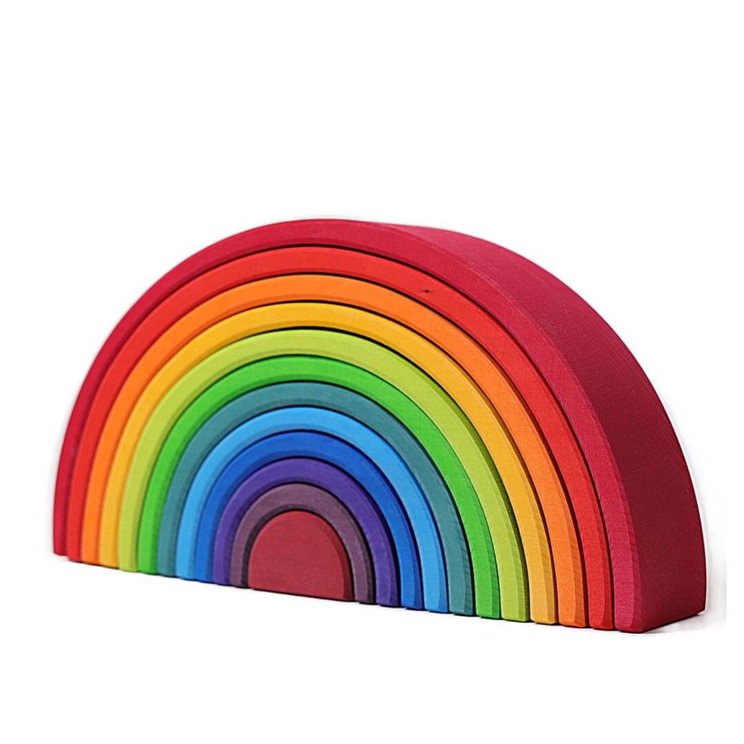 Colorful 12-piece wooden rainbow stacking tunnel for imaginative play.