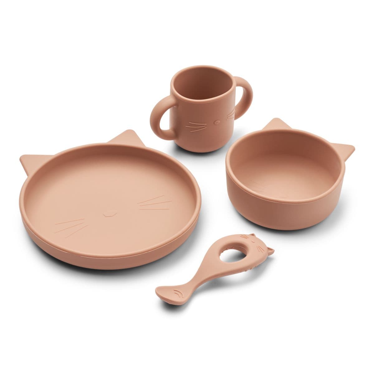 Liewood Vivi Silicone Tableware 4 Pack Baby in Cat dark rose color.