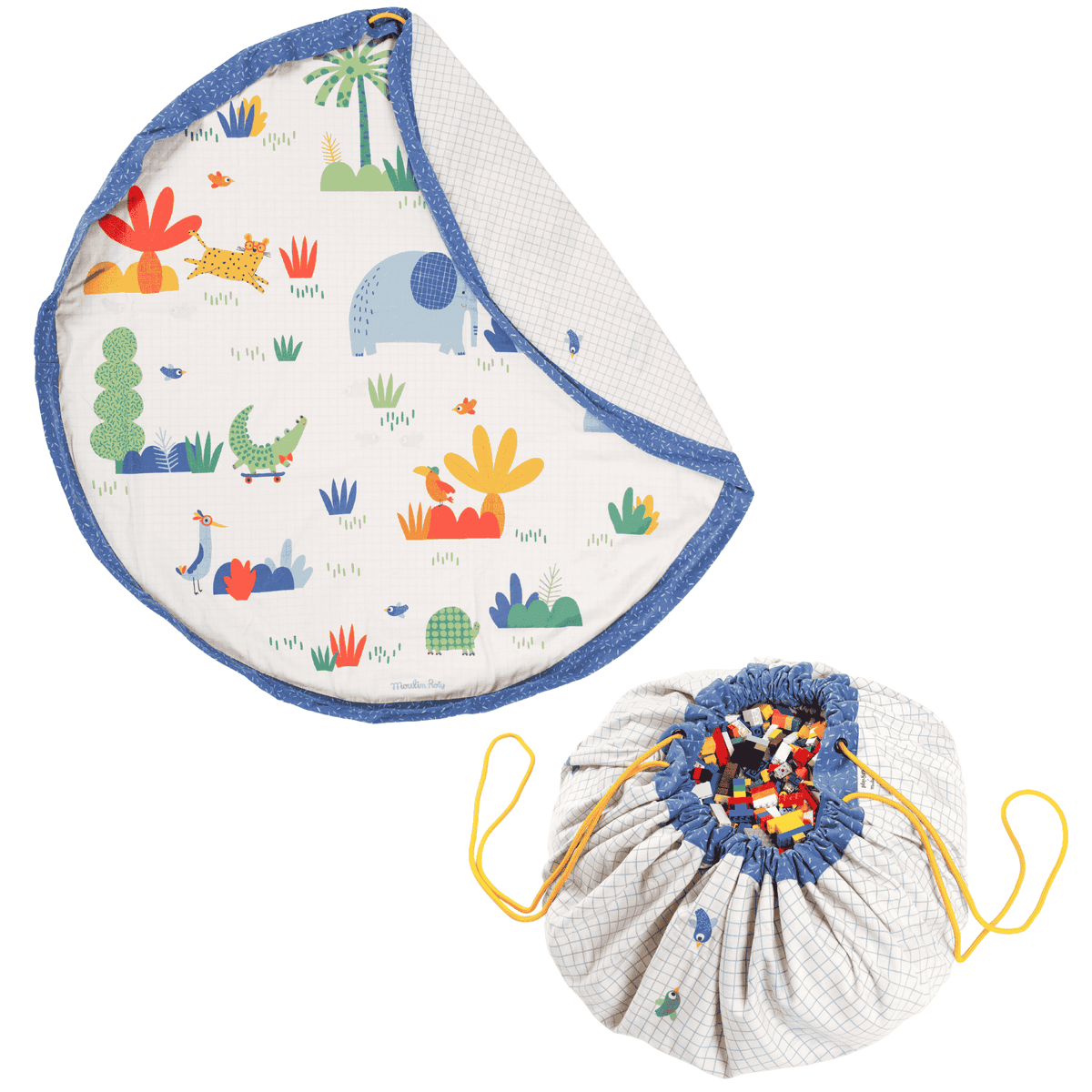 Moulin Roty Toupitis play mat and storage bag in a nursery setting.