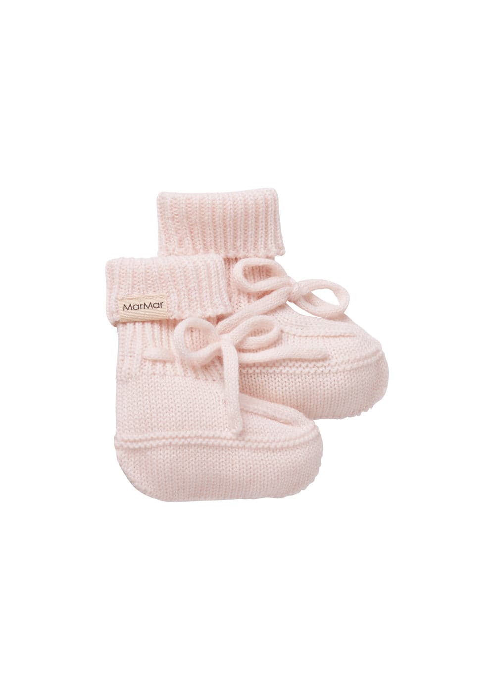 Soft pink knitted baby booties with ties from MarMar Copenhagen.