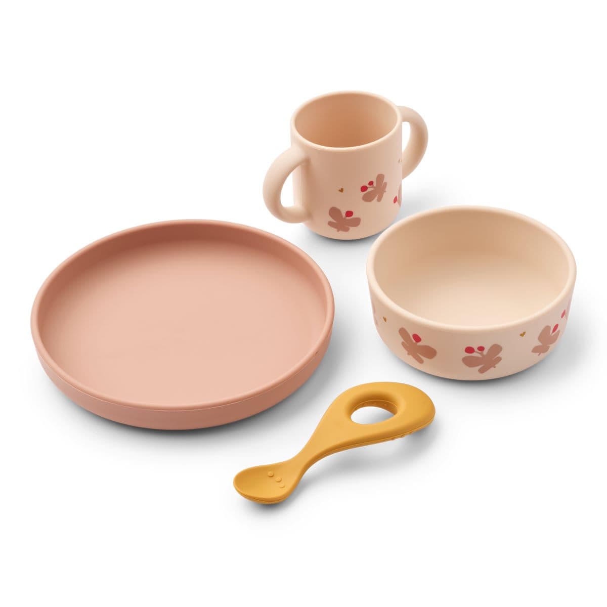 Liewood Vivi Silicone Tableware Set in Butterfly and Apple Blossom designs.