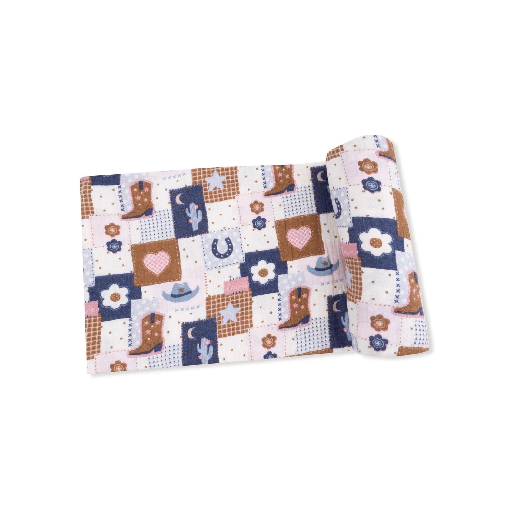Patchwork Cowgirl Swaddle Blanket by Angel Dear, soft and colorful design.