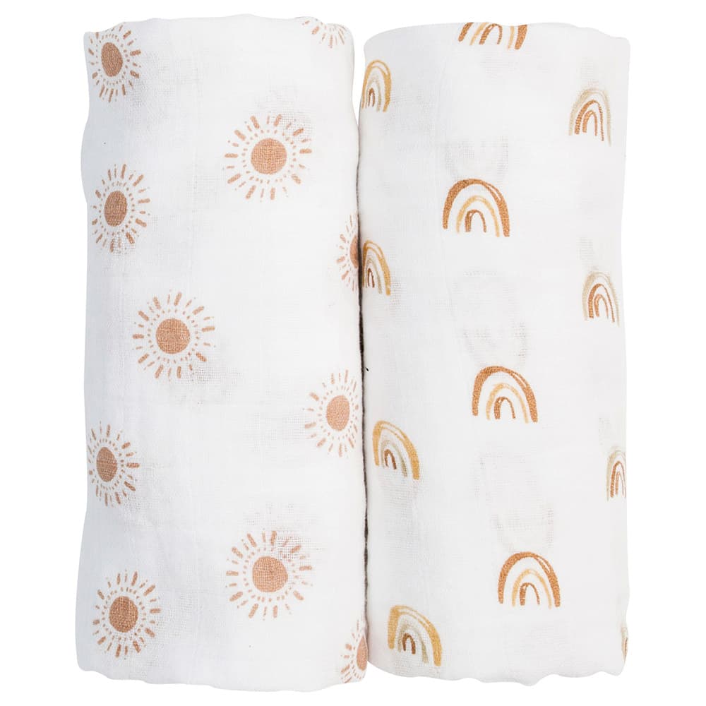 Lulujo Pack of 2 Cotton Swaddles featuring rainbow and sun designs.