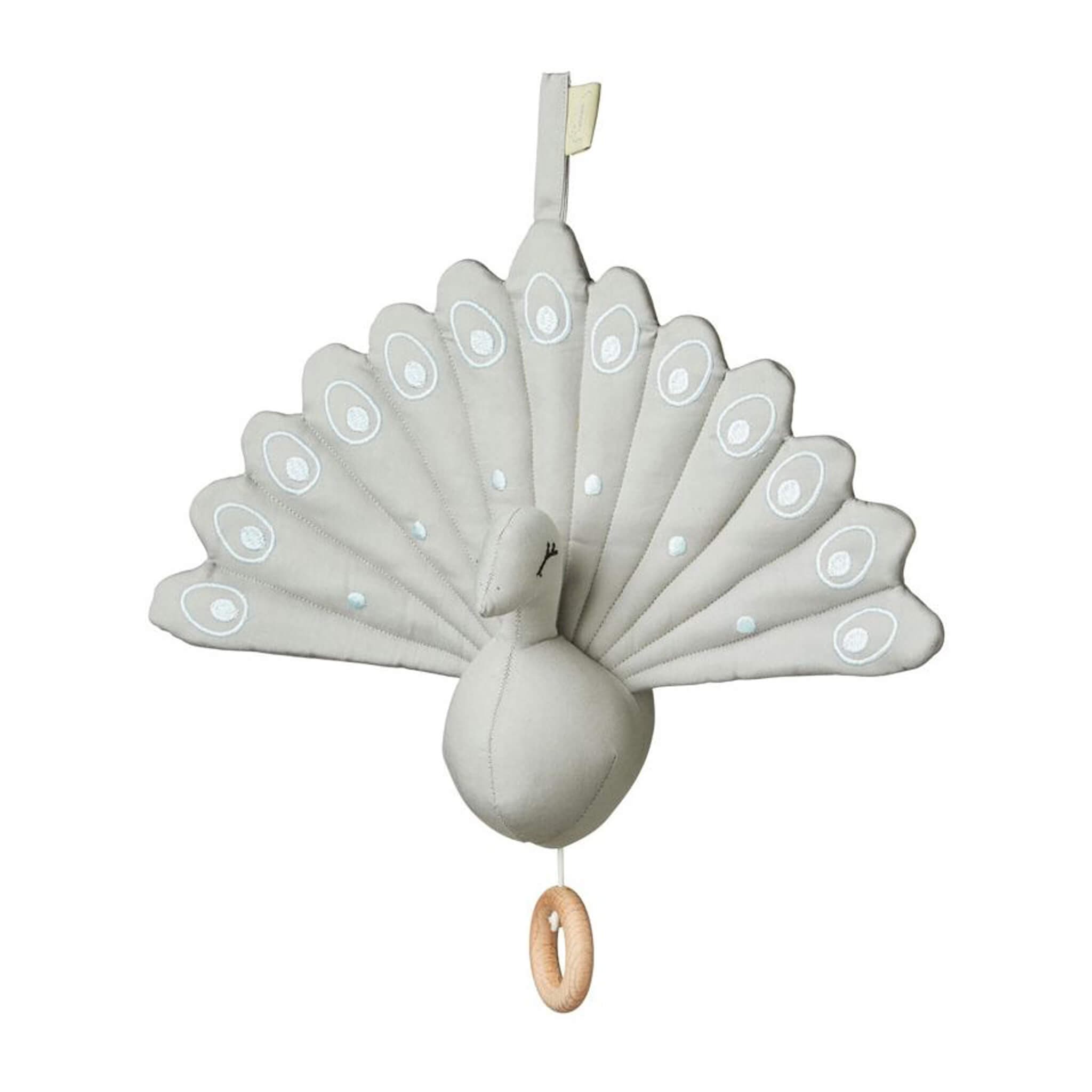 Musical Peacock Mobile in grey for nursery decor.