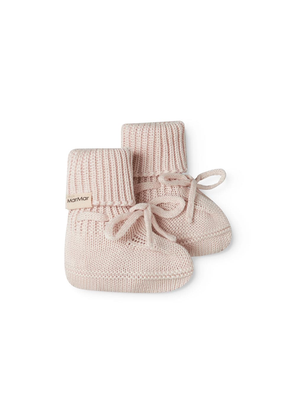 Soft knitted pink booties for babies with a tie from MarMar Copenhagen.
