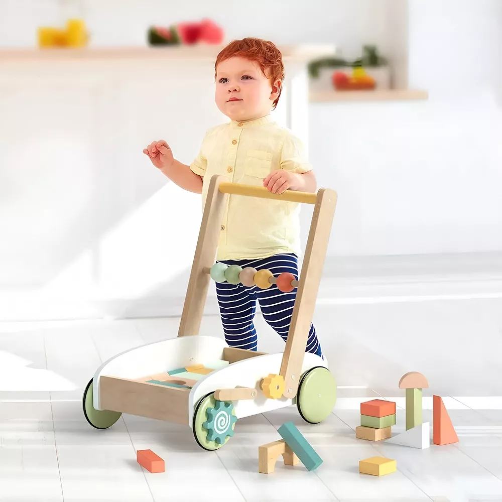 Wooden Baby Push Walker with colorful blocks for toddlers.
