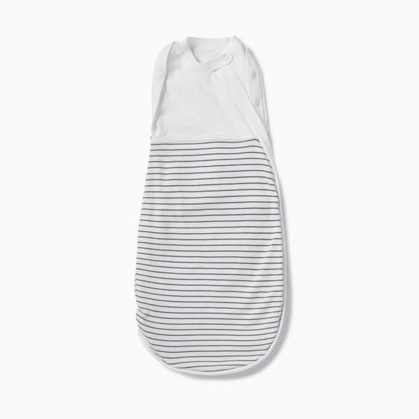 Mori Newborn Swaddle Bag in Grey Stripe, soft and stylish for infants.