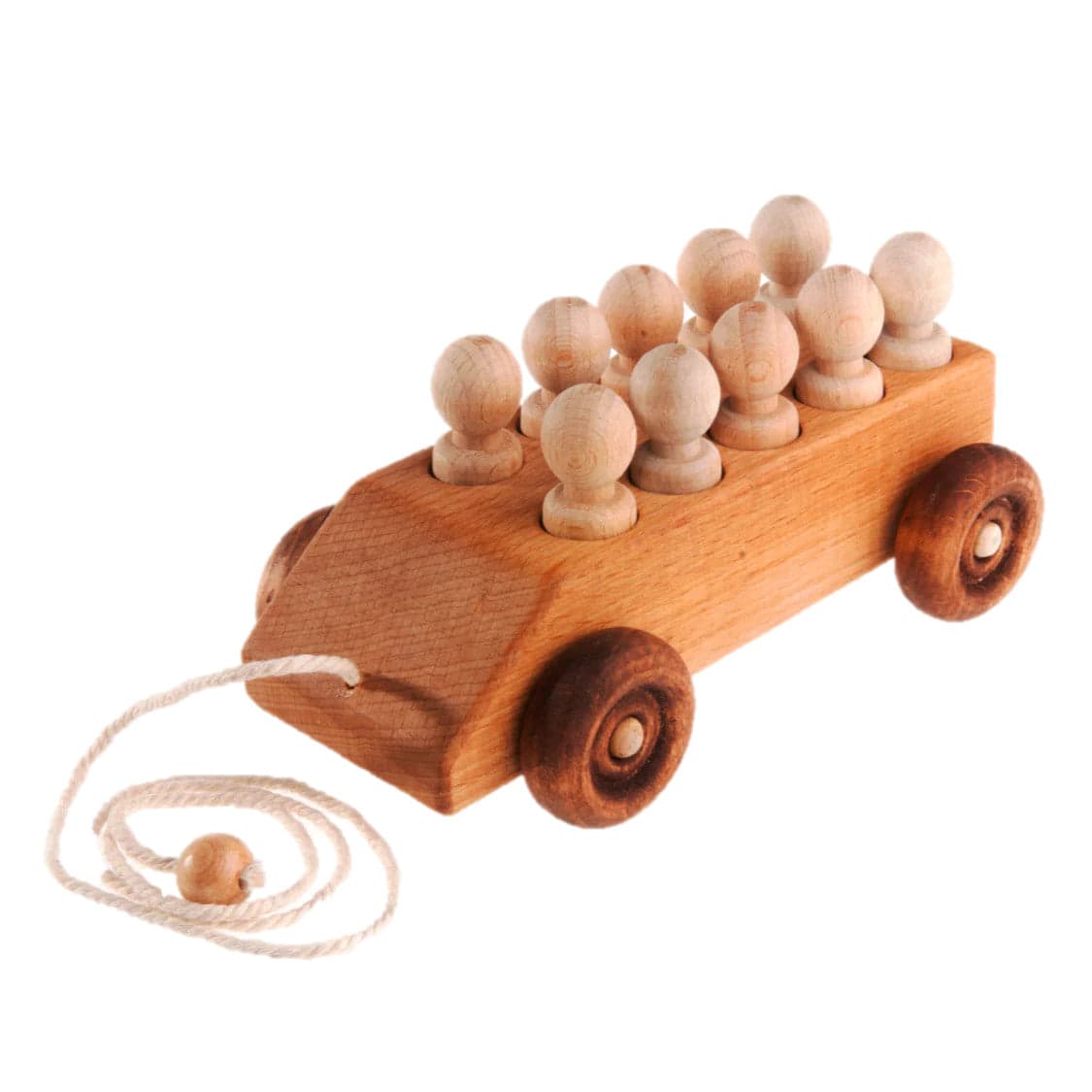 Pull Along Car with ten Wooden Peg Passengers, handcrafted wooden toy