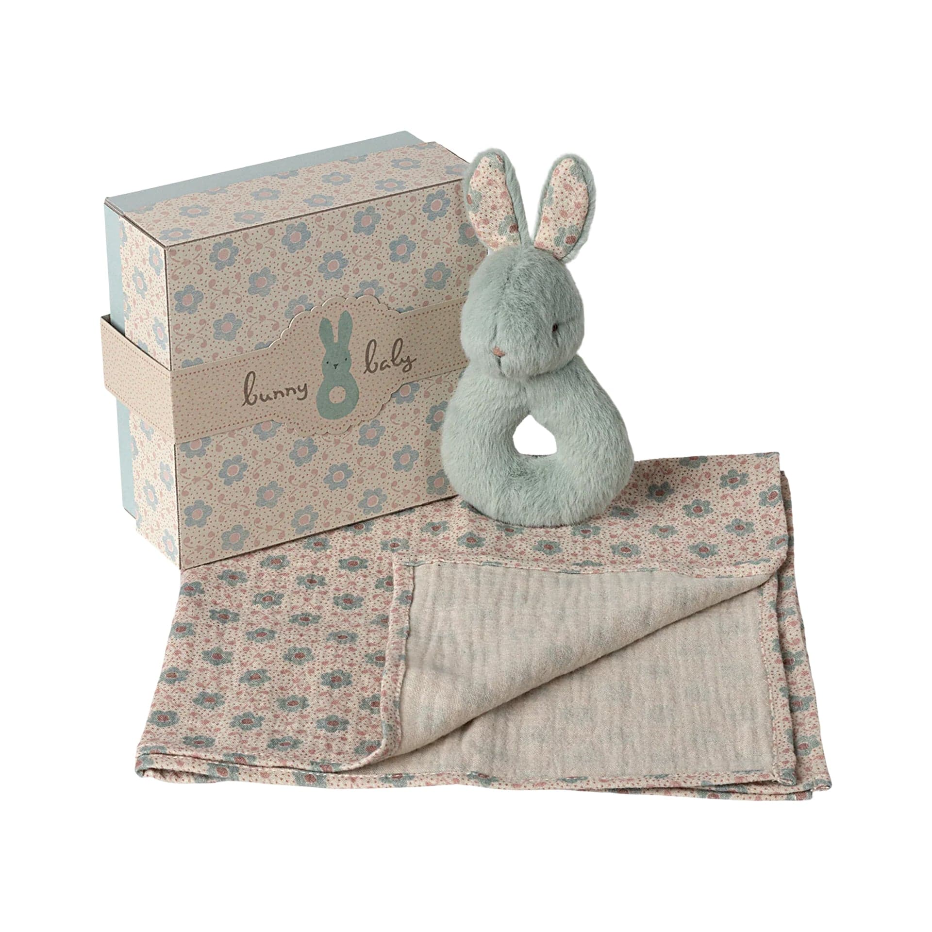 Maileg Rabbit Rattle Set in Mint, a charming baby toy.