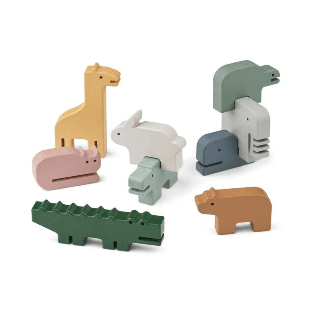 Liewood Thorkild Stackable Animals in soft colors, perfect for toddler play.