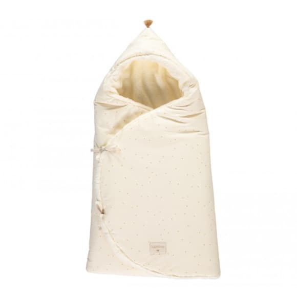 Nobodinoz Cozy winter baby nest bag in honey sweet dots pattern.