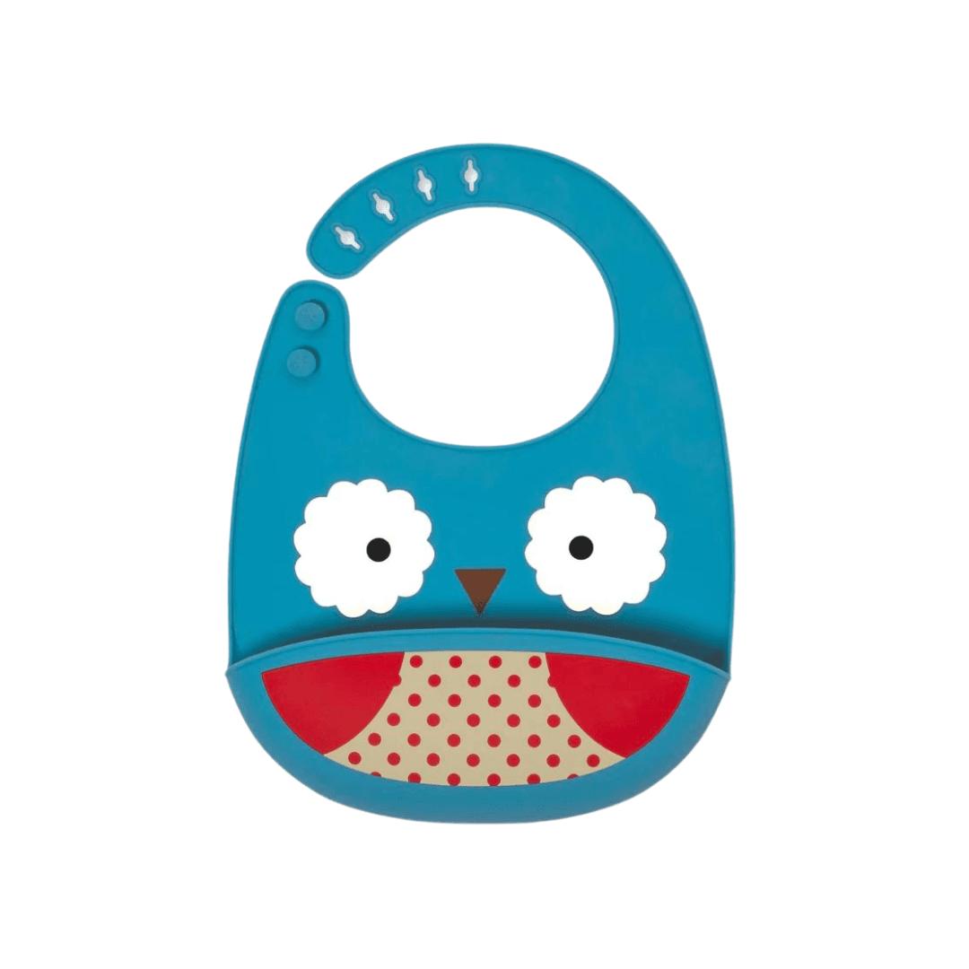 Skip Hop Zoo Fold & Go Silicone Bib in vibrant animal design.