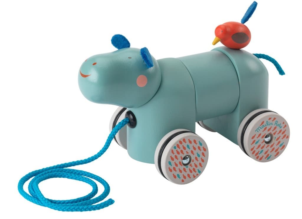 Moulin Roty Pull-Along Toy Hippopotamus made of wood.
