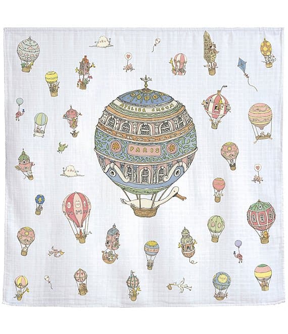 Atelier Choux Baby Hot Air Balloons Swaddle Blanket in soft fabric with balloon print.
