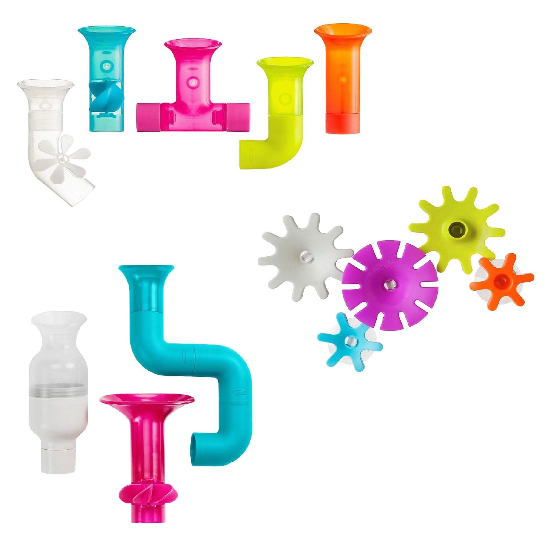 Boon Bundle Building Bath Toy Set with colorful cogs, pipes, and tubes.