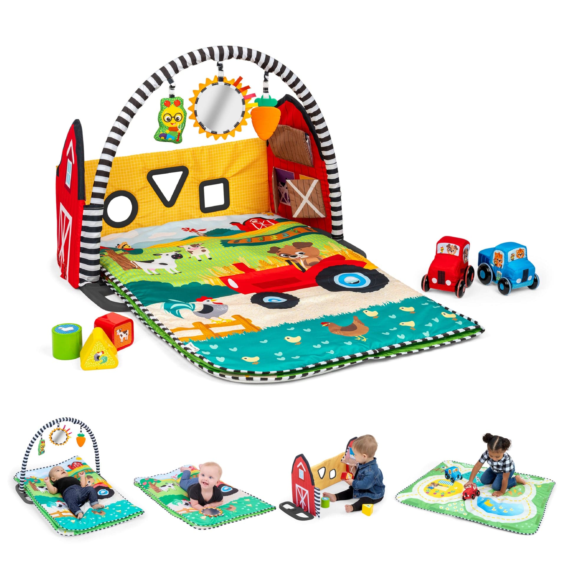 Baby Einstein Farm Explorers Busy Barnyard Grow With Me Activity Gym on a soft mat.